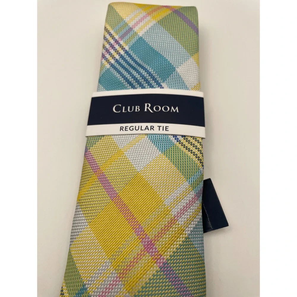 Club Room Mens Plaid Regular Tie Aqua Yellow Pink White 1CRC24-1012 NEW